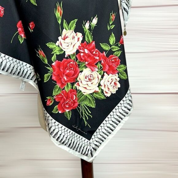 Lulu Guinness Silk Scarf “Life is a Bed of Roses” Black Floral Print Hand Rolled - Picture 5 of 13